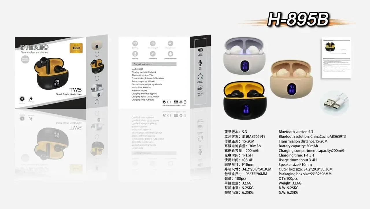 TWS Wireless Earbuds with LED Display β ENC Noise Cancellation, HiFi Stereo, Bluetooth 5.3 β Available in Black & White
