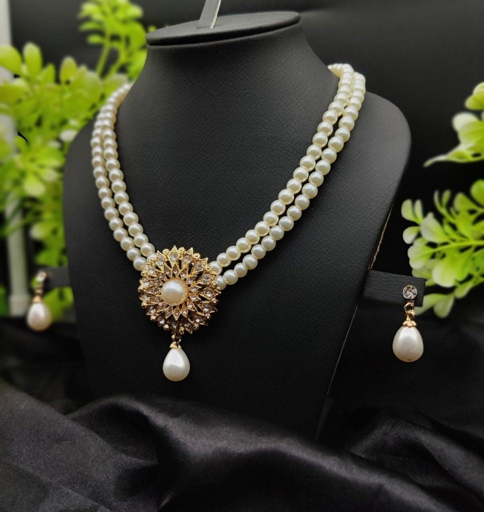Imported Radiant Double-layered Pearl Necklace With Golden Sunburst Pendant | Girls & Women Fashion | 5