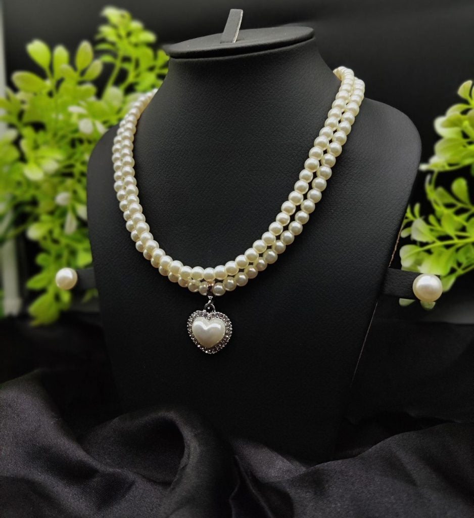 Imported Elegant Double-strand Pearl Necklace With Heart Pendant | Girls & Women Fashion | 12