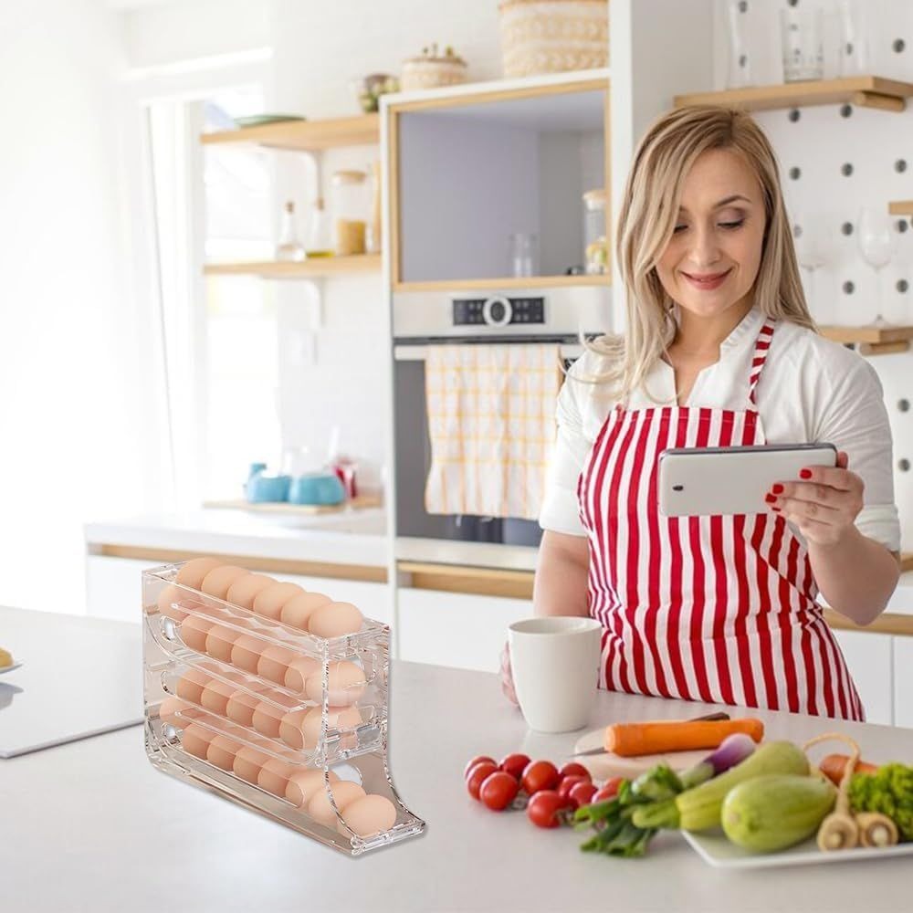4 Tier Egg Holder for the Refrigerator Automatic Scrolling Egg Rack Holder Large Capacity Multi functional Egg Organizer Storage Box