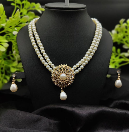 Imported Radiant Double-layered Pearl Necklace With Golden Sunburst Pendant | Girls & Women Fashion | 5
