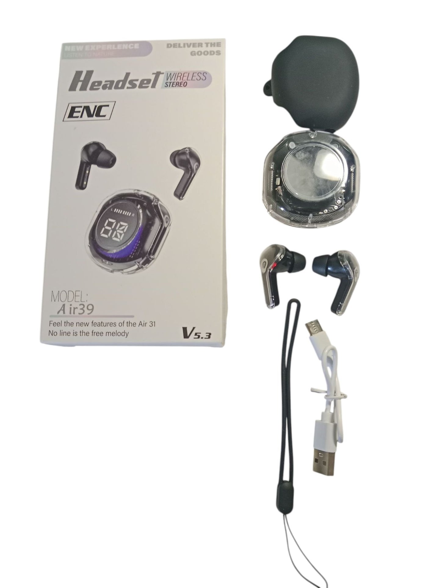 Air 39 Wireless Earbuds Transparent Bluetooth 5.3, Heavy Stereo Bass