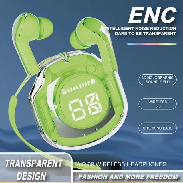 Air 39 Wireless Earbuds Transparent Bluetooth 5.3, Heavy Stereo Bass