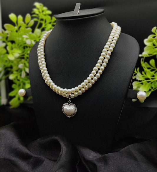 Imported Elegant Double-strand Pearl Necklace With Heart Pendant | Girls & Women Fashion | 12
